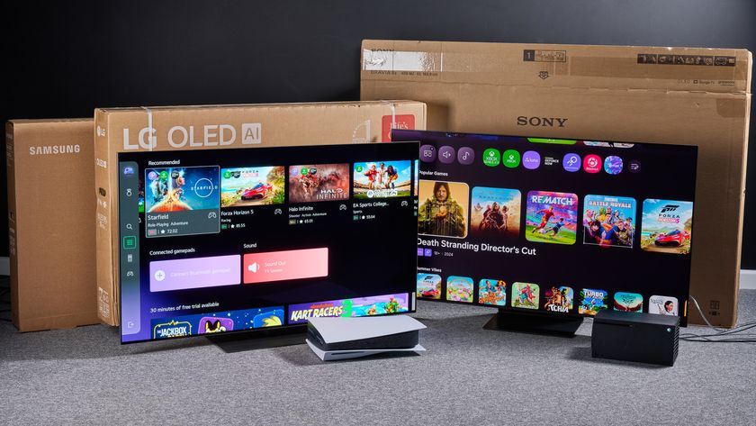 LG and Samsung TVs showing their cloud gaming services on the screen. Traditional Xbox and PS5 consoles sit in front of them, while TV boxes stand in the background