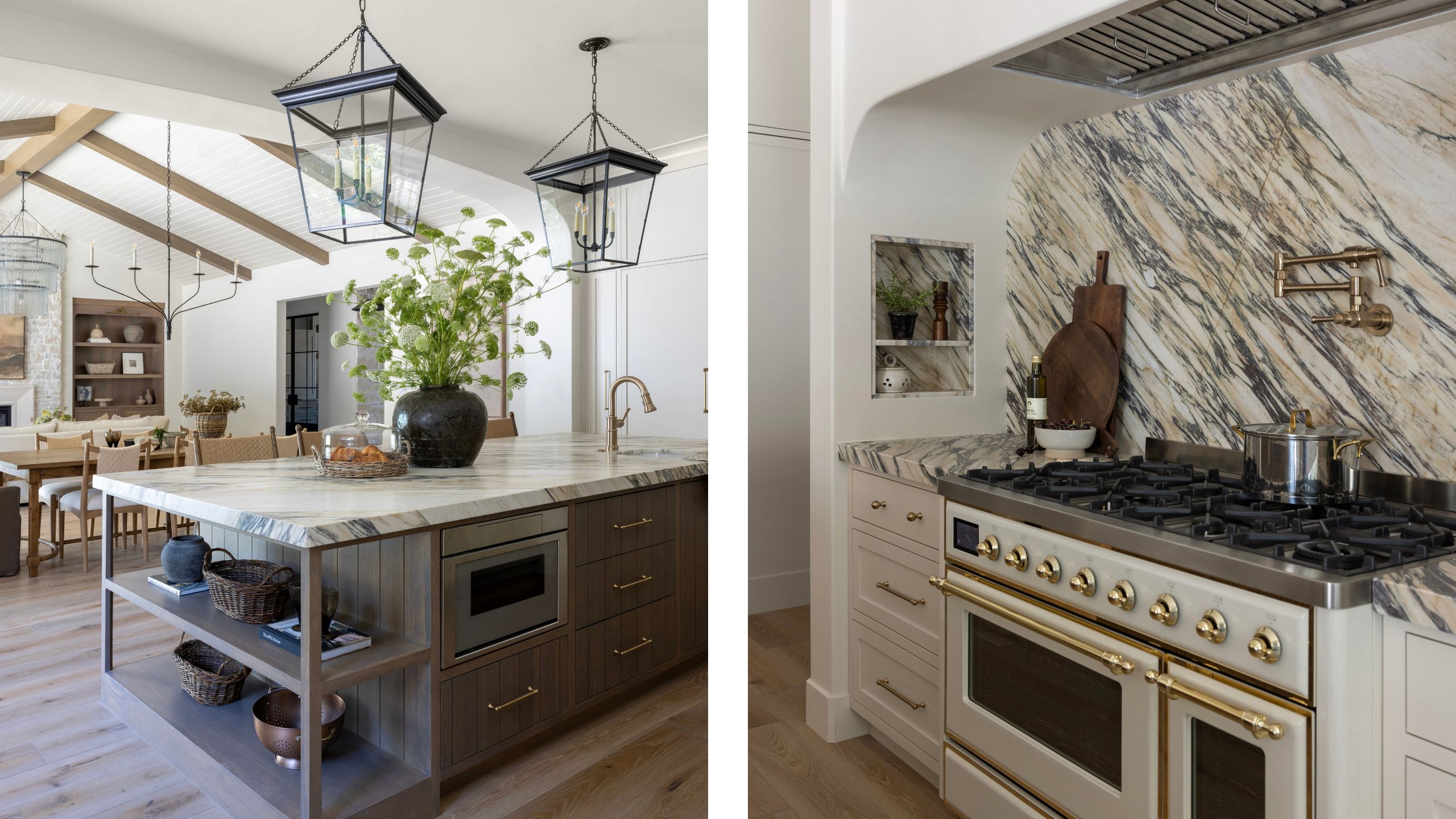 two side by side images of a warm california kitchen with large dark wooden island, statement marble, range cooker and cage pendants