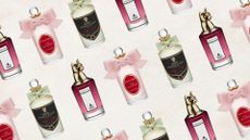 A collage of Penhaligon's perfume, including the Bewitching Yasmine, Halfeti and The Favourite perfumes, featured in a diagonal pattern on a cream template