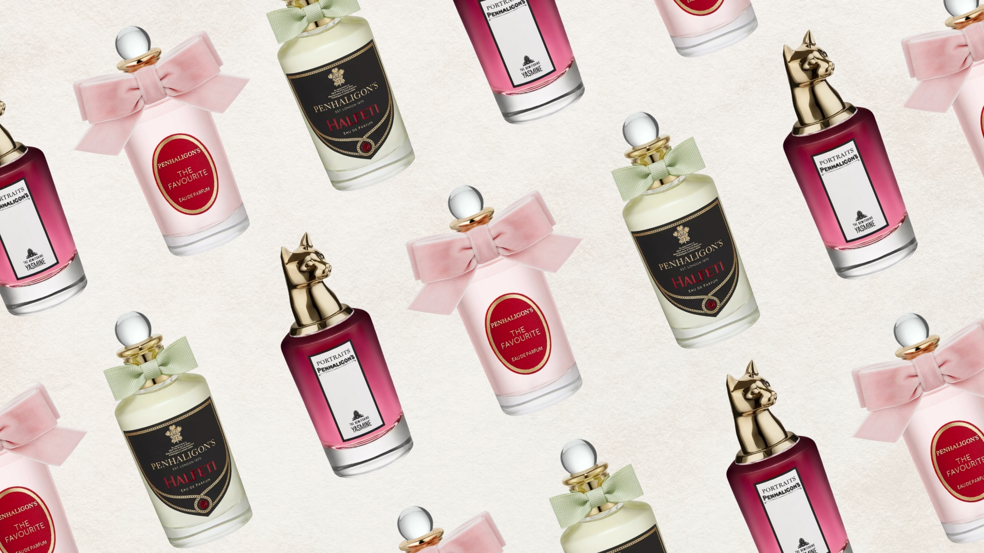 A collage of Penhaligon&#039;s perfume, including the Bewitching Yasmine, Halfeti and The Favourite perfumes, featured in a diagonal pattern on a cream template
