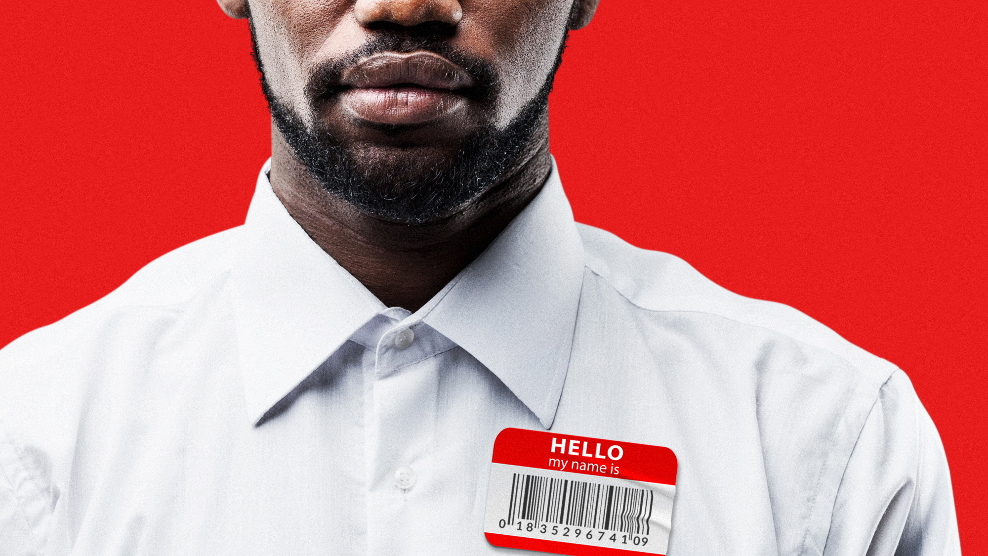 Illustration of a man wearing a name tag with a barcode