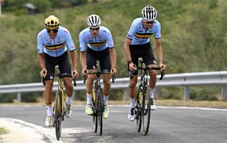 Greg Van Avermaet (left) trains with teammates from the Belgian national team, Loïc Vliegen and Pieter Serry, in Imola, Italy, ahead of the 2020 World Championships