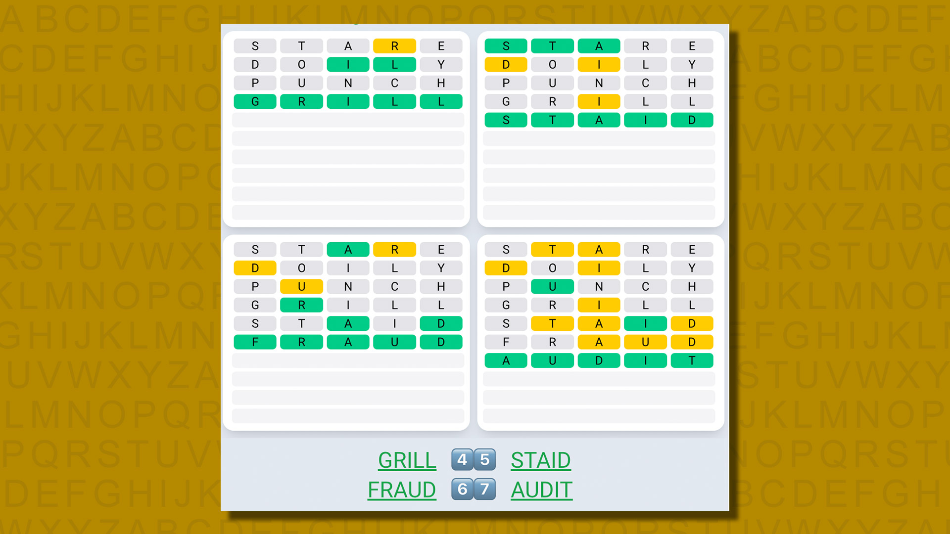 Quordle daily sequence answers for game 591 on a yellow background