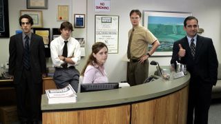 The Office: An American Workplace (NBC) season 1Spring 2005Shown: B.J. Novak (as Ryan Howard), John Krasinski (as Jim Halpert), Jenna Fischer (as Pam Beesley), Rainn Wilson (as Dwight Schrute), Stev