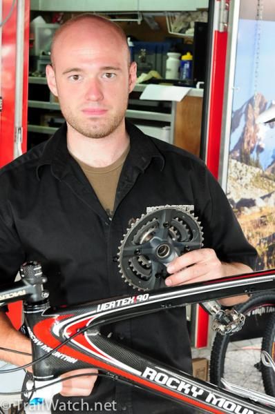 A Team Maxxis-Rocky Mountain mechanic prepares to install a new crankset for one of his cross country racers