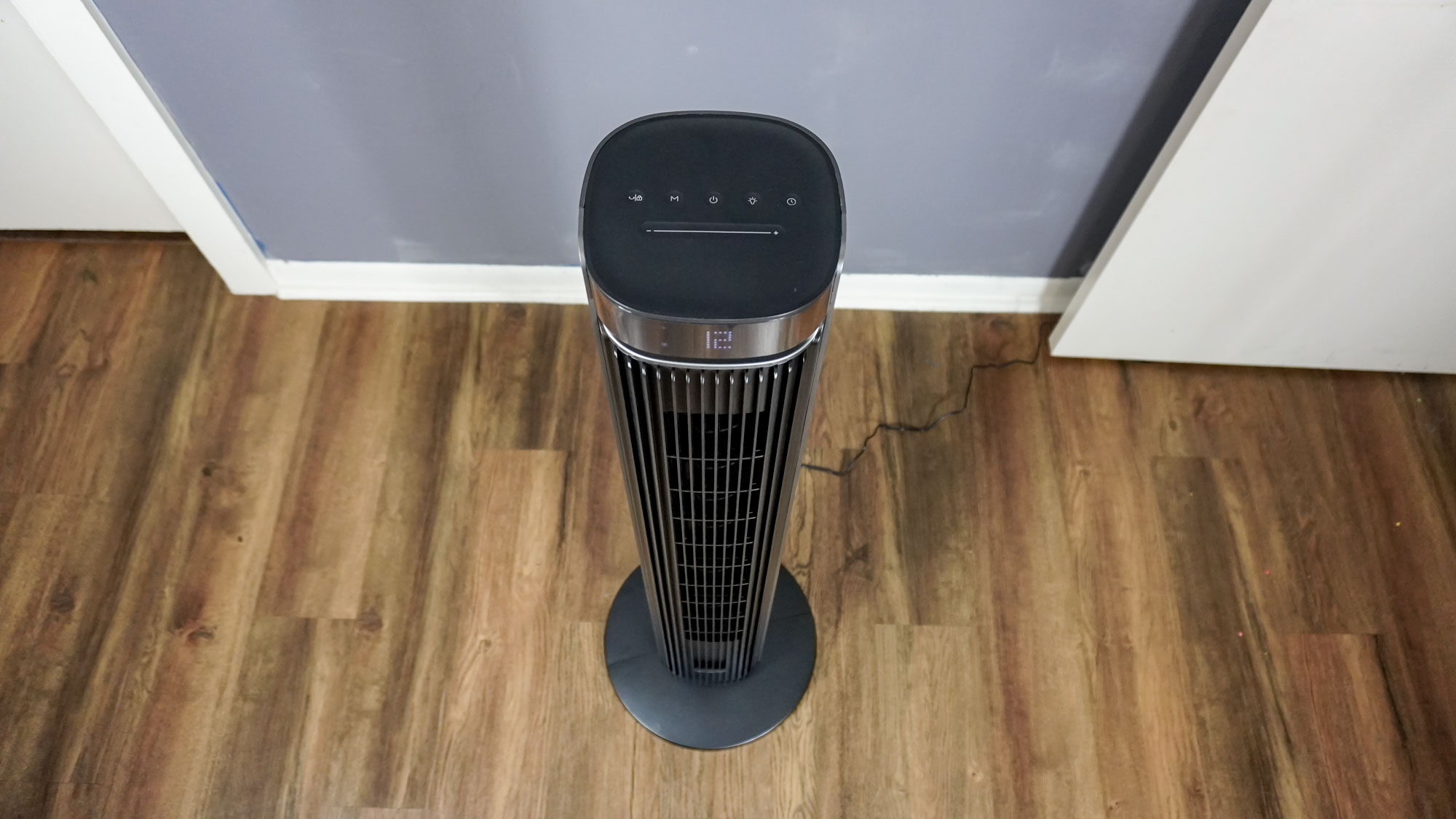 An overhead view of the Govee Smart Tower Fan 2 Max in a living room