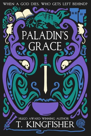 paladin's grace book cover with purple and green smoke coming out of a bowl with a knife in the center