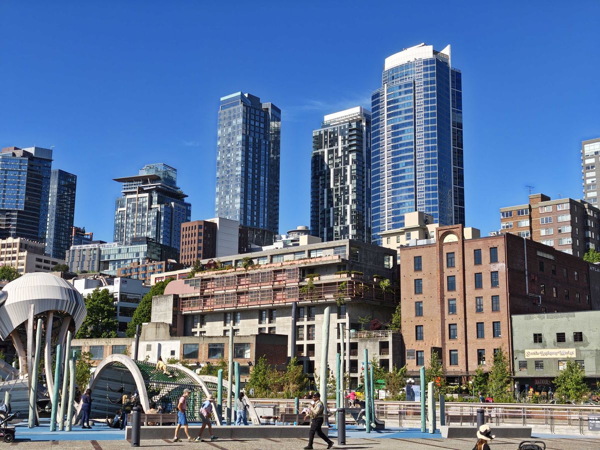 High-rise buildings and people walking around
