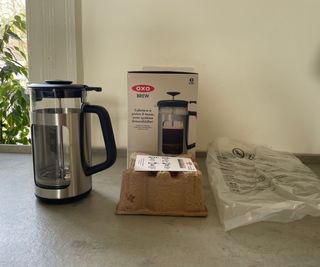 OXO French Press unboxed on the countertop