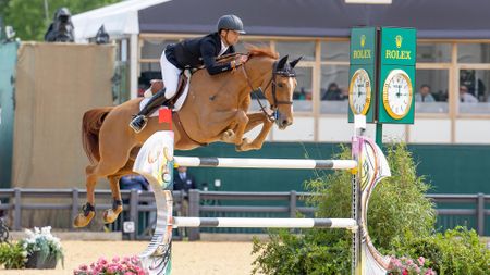 Showjumper Victor Bettendorf wears a black jacket and hat with white breeches on a chestnut horse called Qwando Van De Rispen, clears a large upright jump of black and white poles with a Rolex clock in the background at Royal Windsor Horse Show