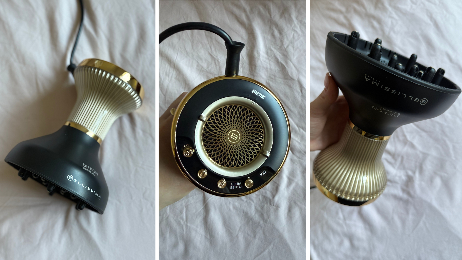 Trio of original images showing various angles of the Bellissima Prestige Diffon Supreme Hot Air Diffuser either laying on or held above a dusky pink fabric backdrop