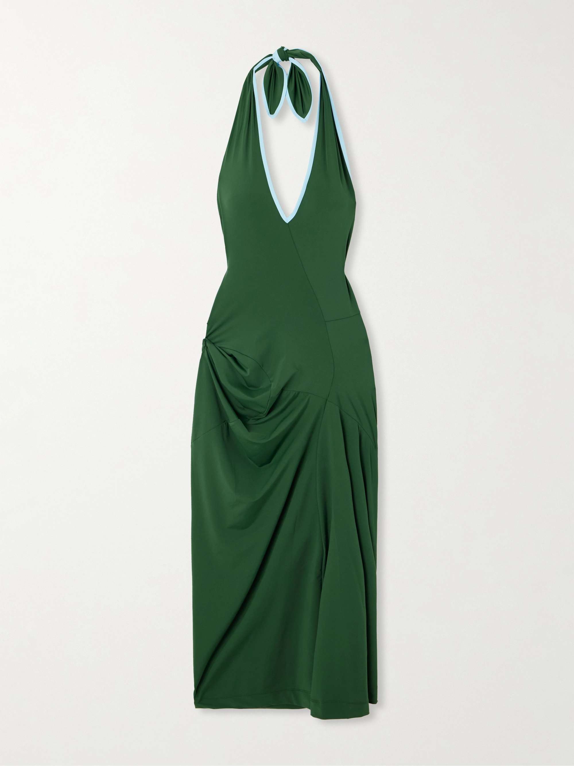 Gathered Two-Tone Stretch-Jersey Halterneck Midi Dress