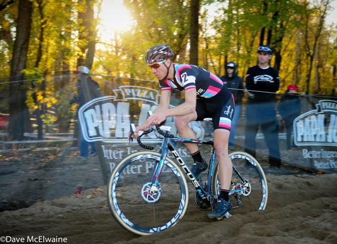 Jeremy Powers (Rapha Focus) taking the race lead with two laps to go
