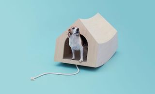Plywood dog house for a beagle with a curved rocking base and apex-roof. A rope is attached to the front of the dog house.