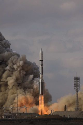 A Russian Proton rocket soars into the sky in a successful launch of the new Intelsat 22 communications satellite from Baikonur Cosmodrome in Kazakhstan on March 24, 2012.