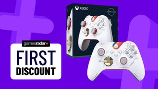 The Limited Edition Starfield Xbox Wireless Controller on a purple GamesRadar background with a "first discount" stamp in the bottom left