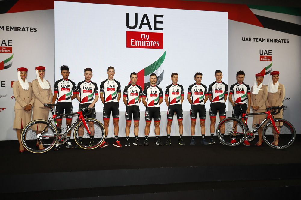 The UAE Team Emirates show off their new sponsor at the presentation
