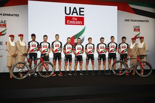 The UAE Team Emirates show off their new sponsor at the presentation