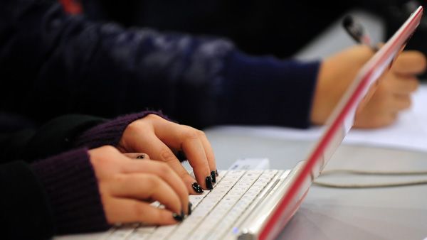 woman using computer