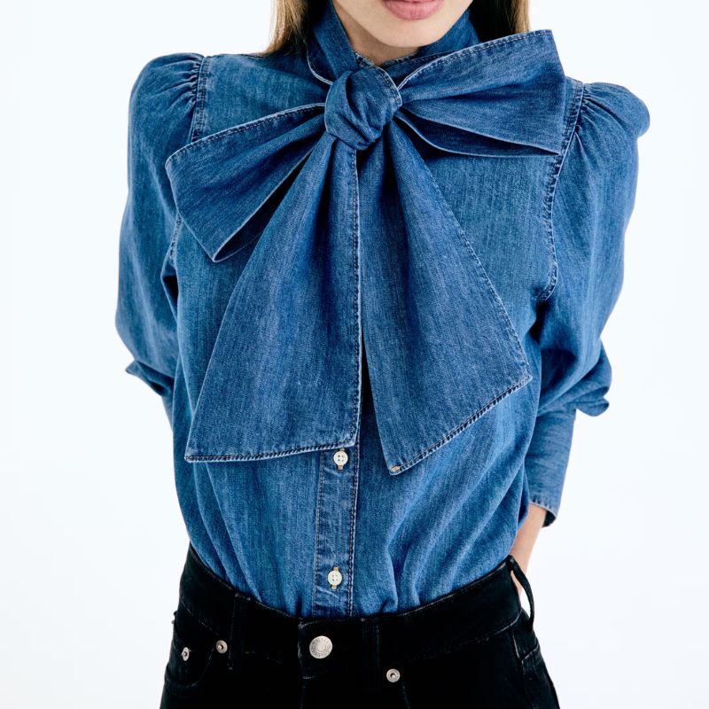 denim shirt with bow neck