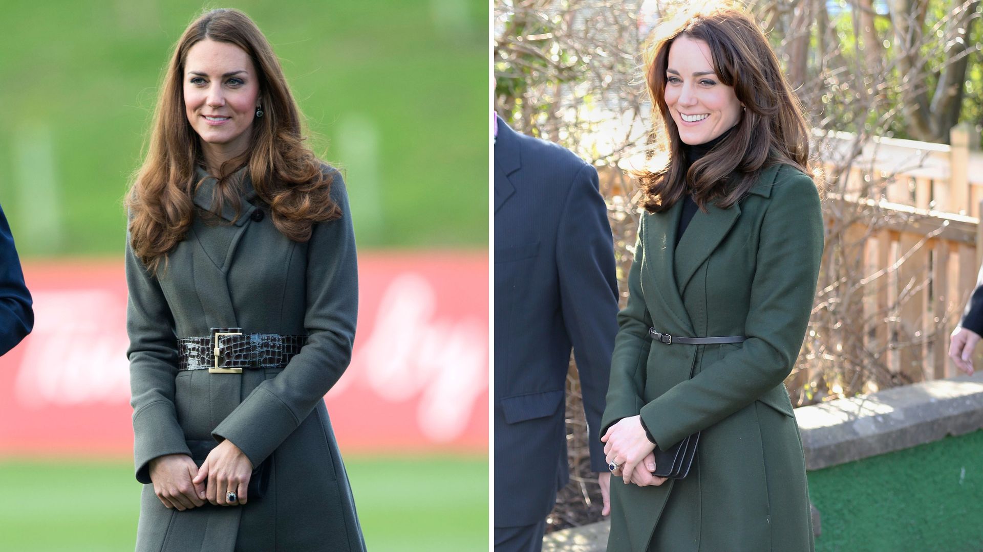 A composite of two pictures of Kate Middleton wearing a coat with a belt added