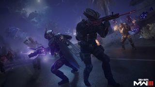 Soldiers in futuristic armor fend off zombies at night