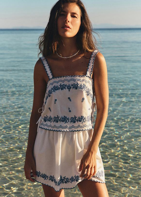 Noam Skirt - Ecru With Contrasting Blue Embroidery - Organic Cotton - S&amp;eacute;zane