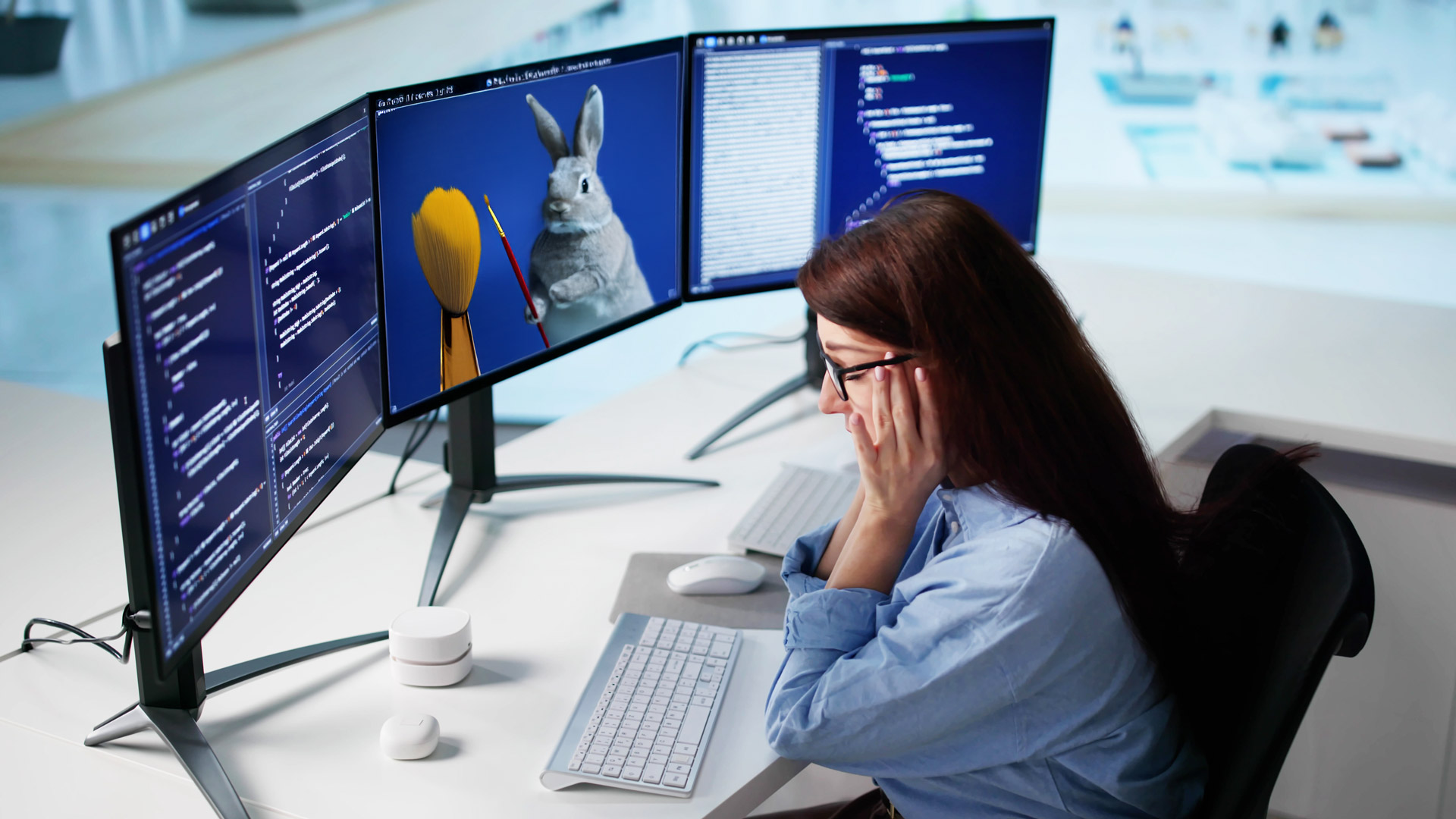 Getty office image with Adobe Firefly-generated AI painting bunny