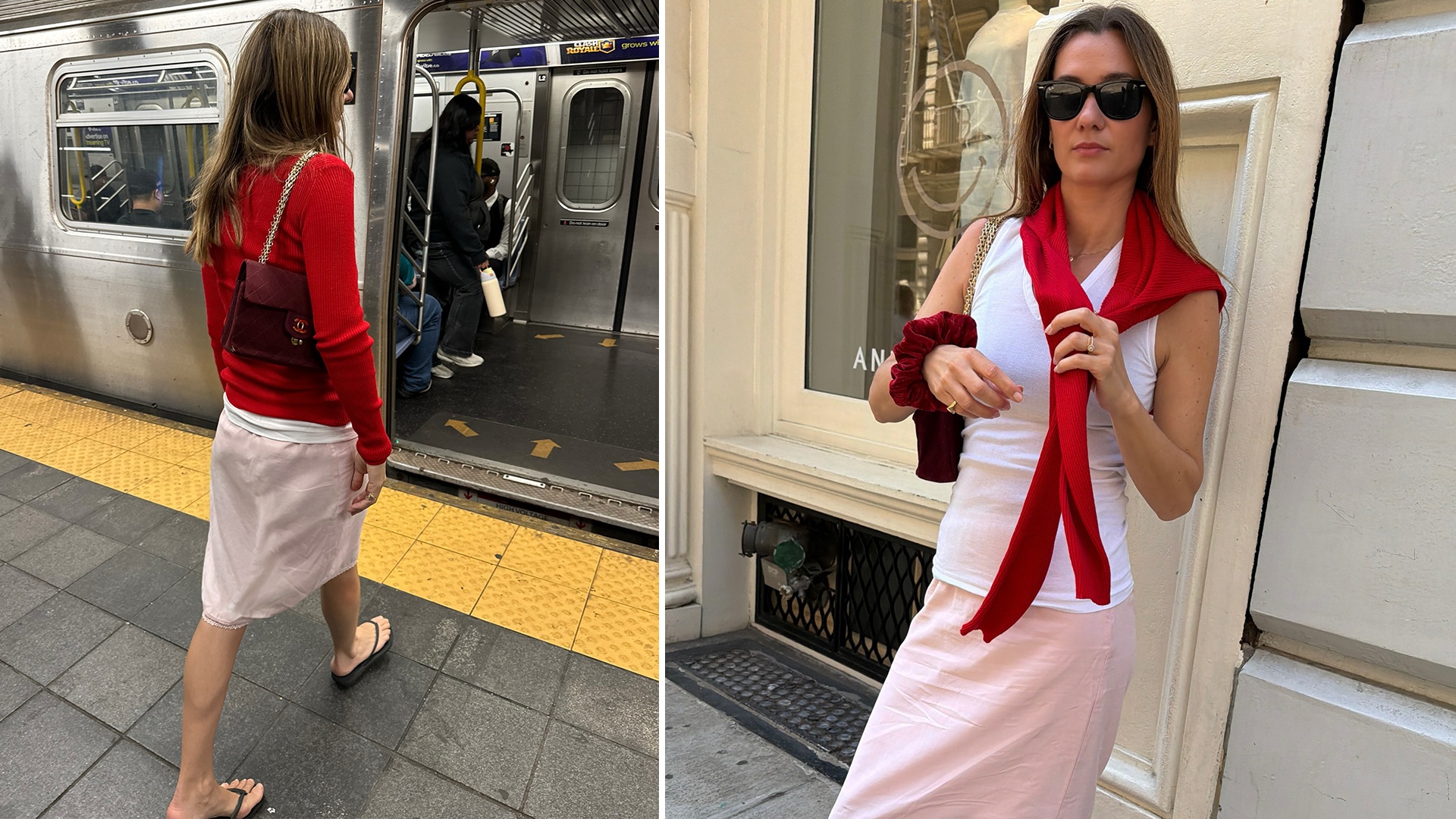 collage of French style influencer Anne-Laure Mais posing in NYC wearing Ray-Ban sunglasses, a red sweater around the neck, white tank top, red scrunchie, a light-pink lace-trim skirt, and flip-flops