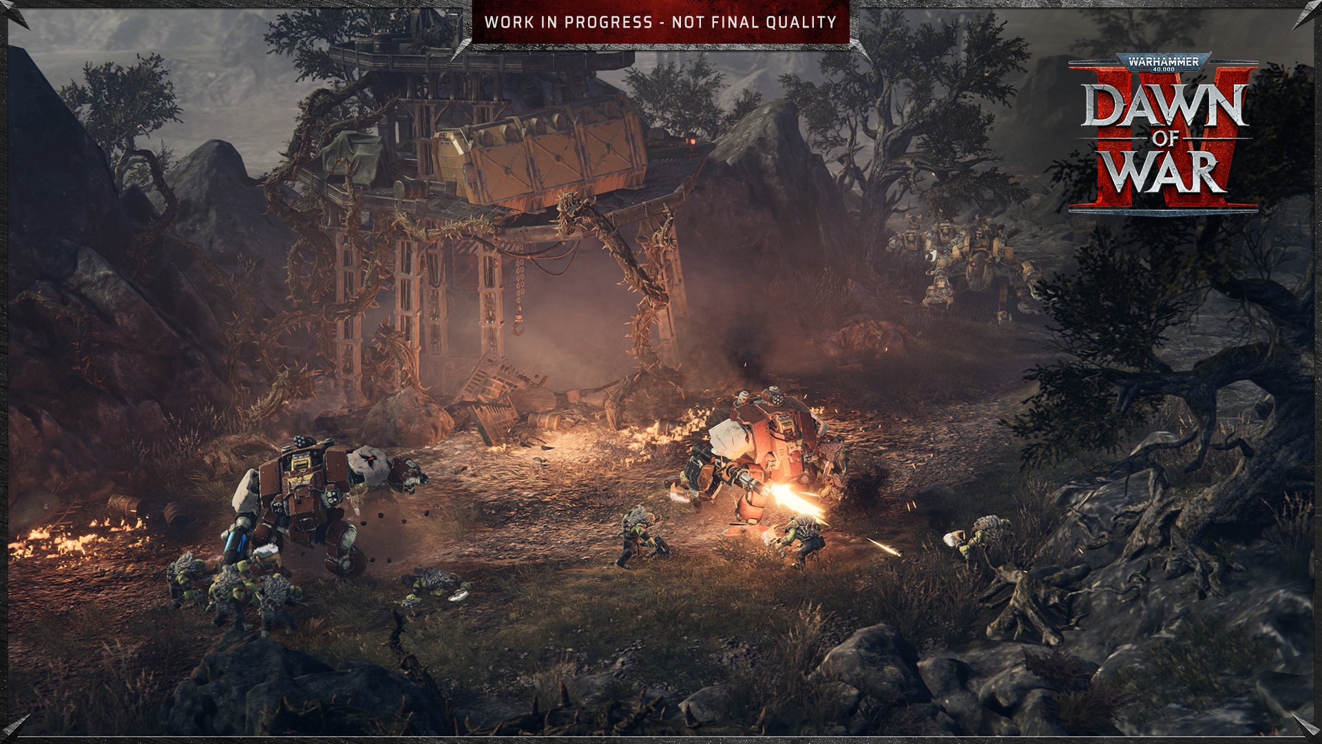 Warhammer 40,000 Dawn of War 4 screenshot showing to mechs firing at soldiers 