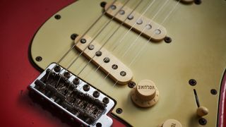 Close-up of the bridge pickup on a Fender Stratocaster