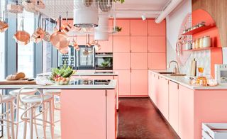 Lindley Lindenberg communal kitchen with pink cupboards and copper pans hanging above counter