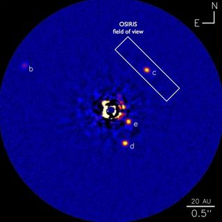 One of the discovery images of the supersized alien solar system around the star HR 8799, about 130 light-years from Earth, obtained by the Keck II telescope using an adaptive optics system and NIRC2 Near-Infrared Imager. The rectangle indicates the field-of view of the OSIRIS instrument. Image added March 14, 2013.