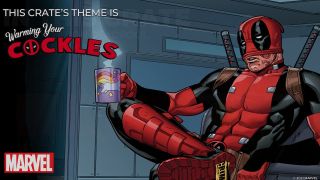 Animated Deadpool sitting with his mask half pulled up and holding a unicorn mug