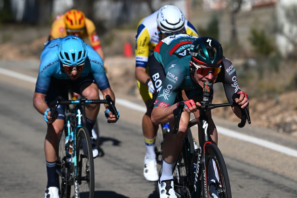 SAGUNTO SPAIN FEBRUARY 03 Bob Jungels of Luxembourg and Team BORA Hansgrohe competes in the breakaway during the 74th Volta a la Comunitat Valenciana 2023 Stage 3 a 1451km stage from Btera to Sagunto VCV2023 VoltaValenciana on February 03 2023 in Sagunto Spain Photo by Dario BelingheriGetty Images