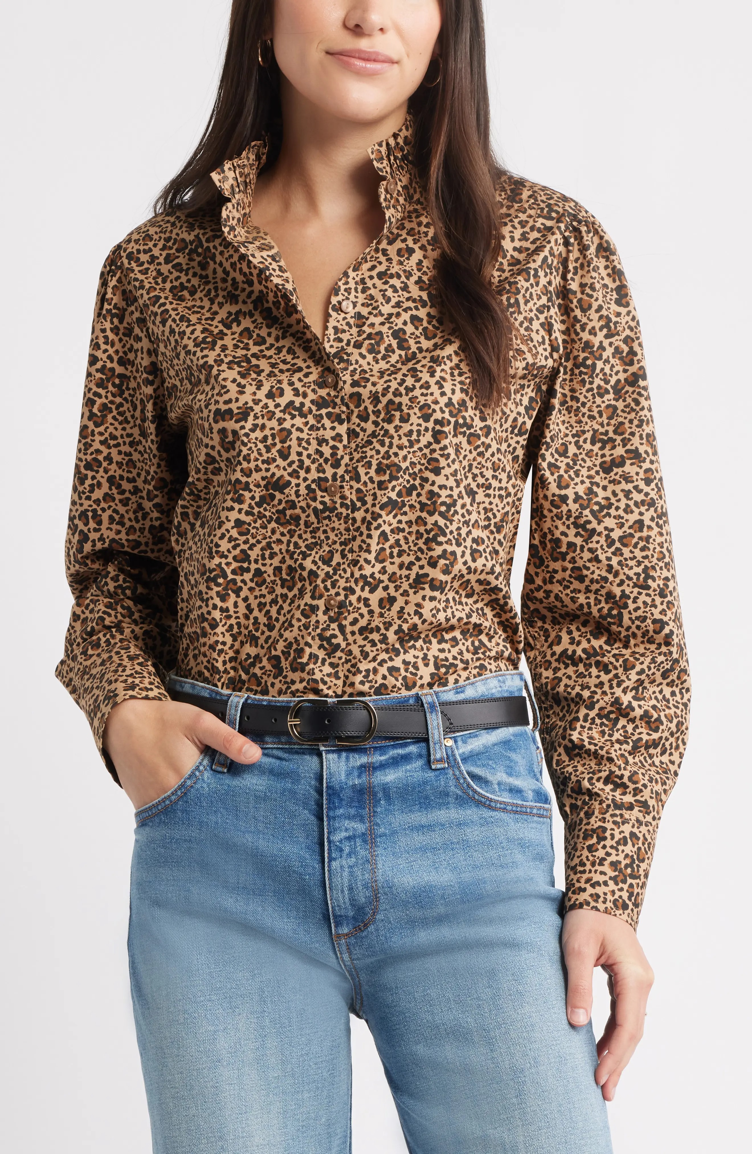 Caslon<sup>®</sup>, Ruffle Puff Sleeve Cotton Button-Up Shirt