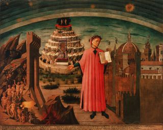 В этой картине Доменико ди Микелино, итальянский поэт Данте стоит между городом Флоренции и изображением ада. На заднем плане иллюстрация сложного подъема на небеса.