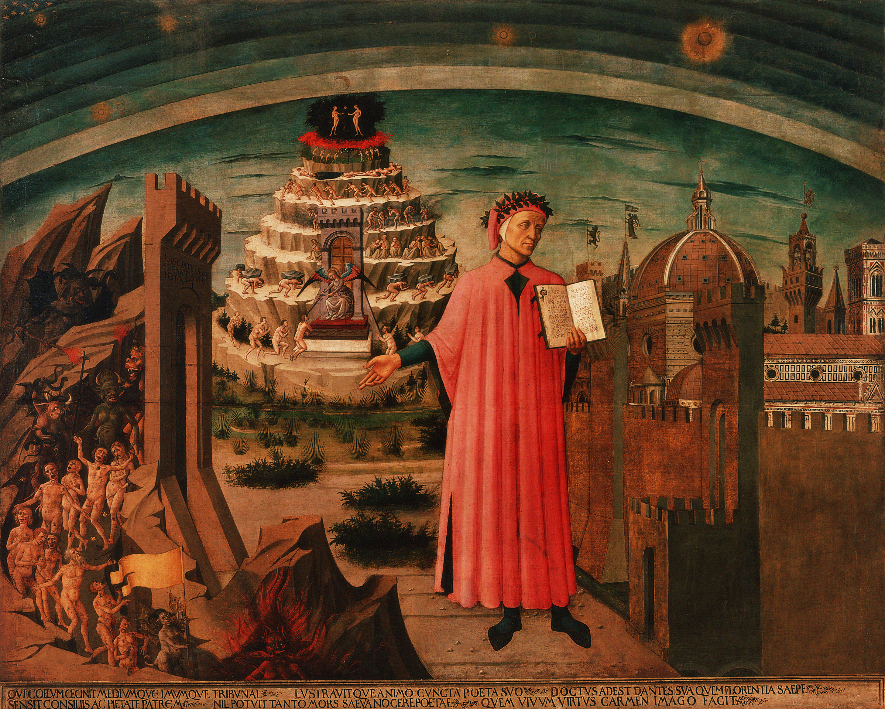 In this painting by Domenico di Michelino, Italian poet Dante stands between the city of Florence and a depiction of Hell. In the background is an illustration of the difficult climb to heaven.