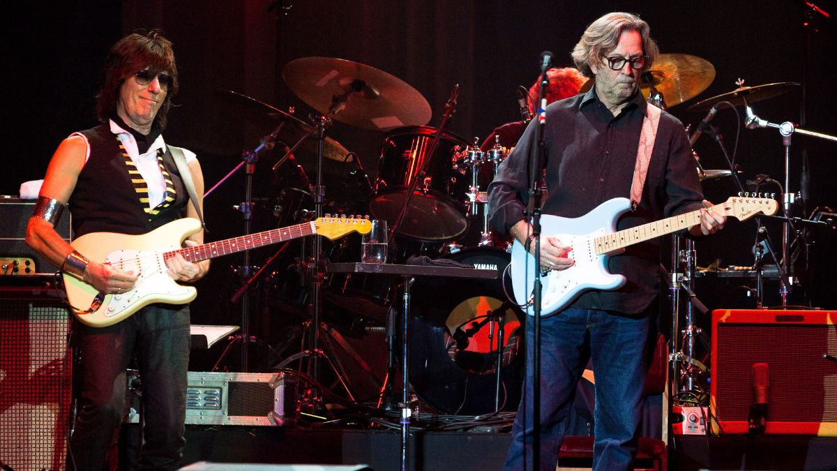 Jeff Beck and Eric Clapton perform on stage at O2 Arena on February 13, 2010 in London, England