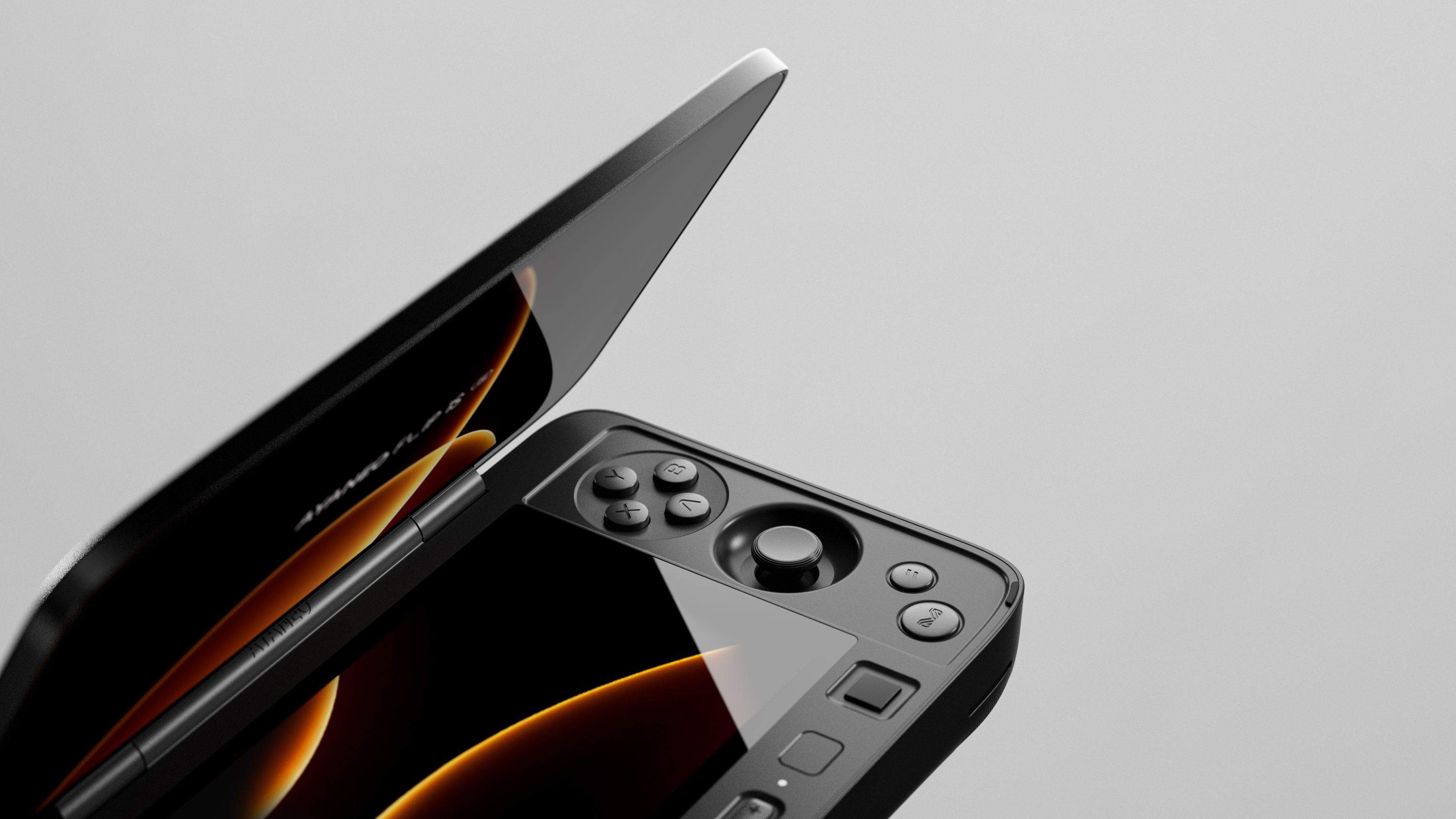 Ayaneo Flip 1S DS on a white background with the screen displaying a black and orange effect.