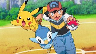 Pikachu and Piplup attack as Ash follows them with a Pokéball in a Pokémon TV episode