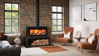 large contemporary log burning stove in living room with exposed brick walls