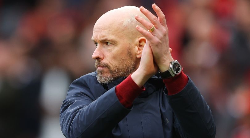 Manchester United manager Erik ten Hag applauds during his side&#039;s 0-0 draw against Southampton at Old Trafford in March 2023.