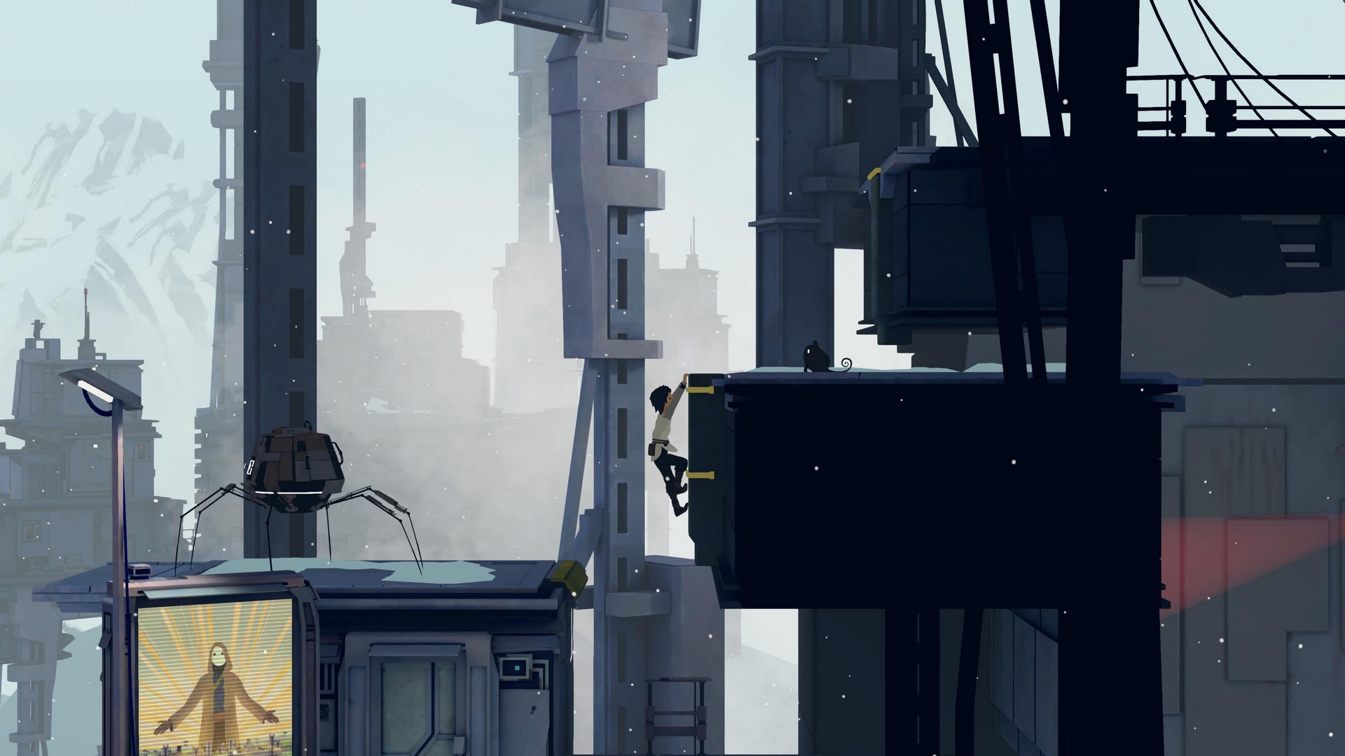 Lana grabs a ledge to avoid a robot in a snowy settlement, as Mui is above in Planet of Lana 2