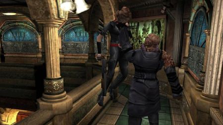 Resident Evil 3 (1999) screenshot shows Jill being held up by Nemesis.