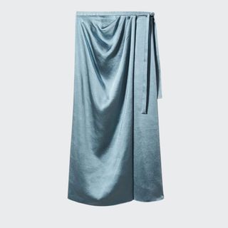 flat lay of blue Mango Satin Wrap Skirt