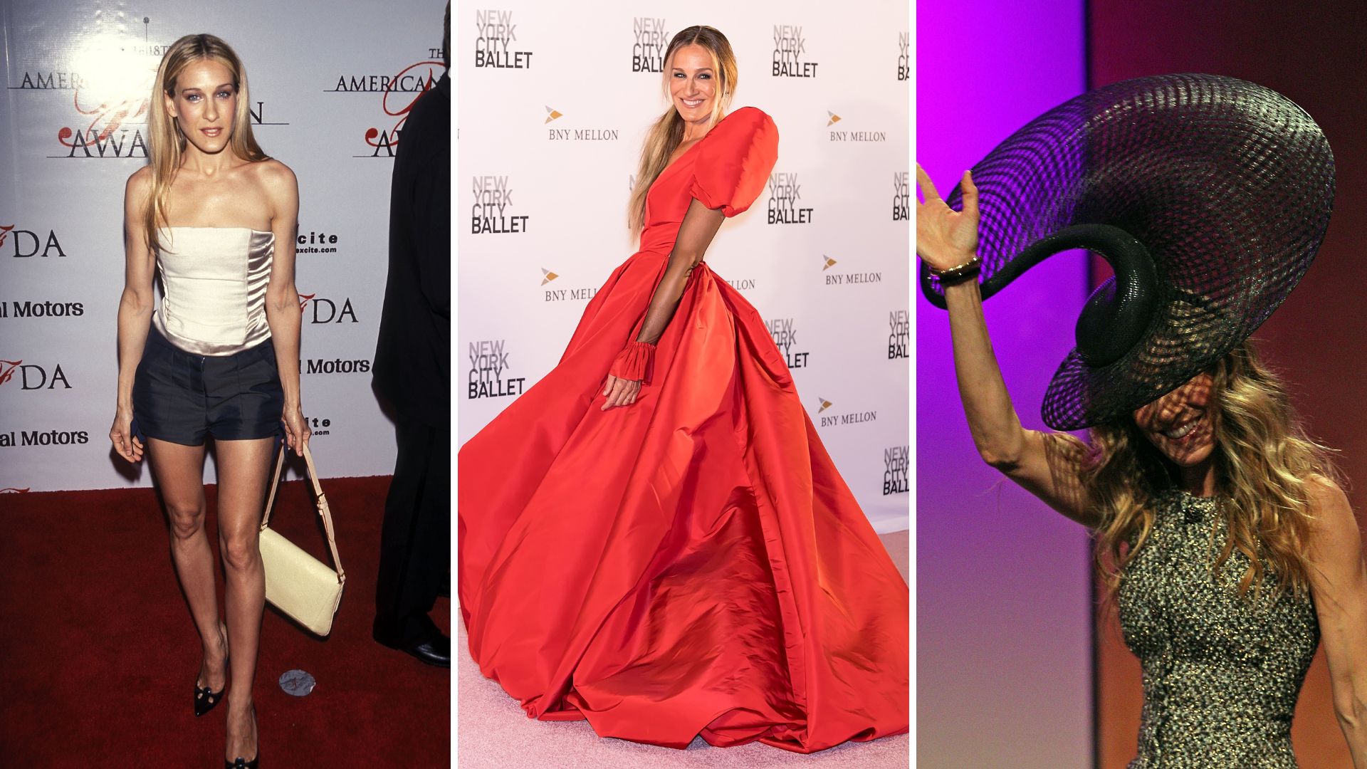 Three photos of Sarah Jessica Parker at different events