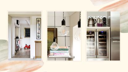 collage of kitchen images showing a cooker, light bulbs and fridges