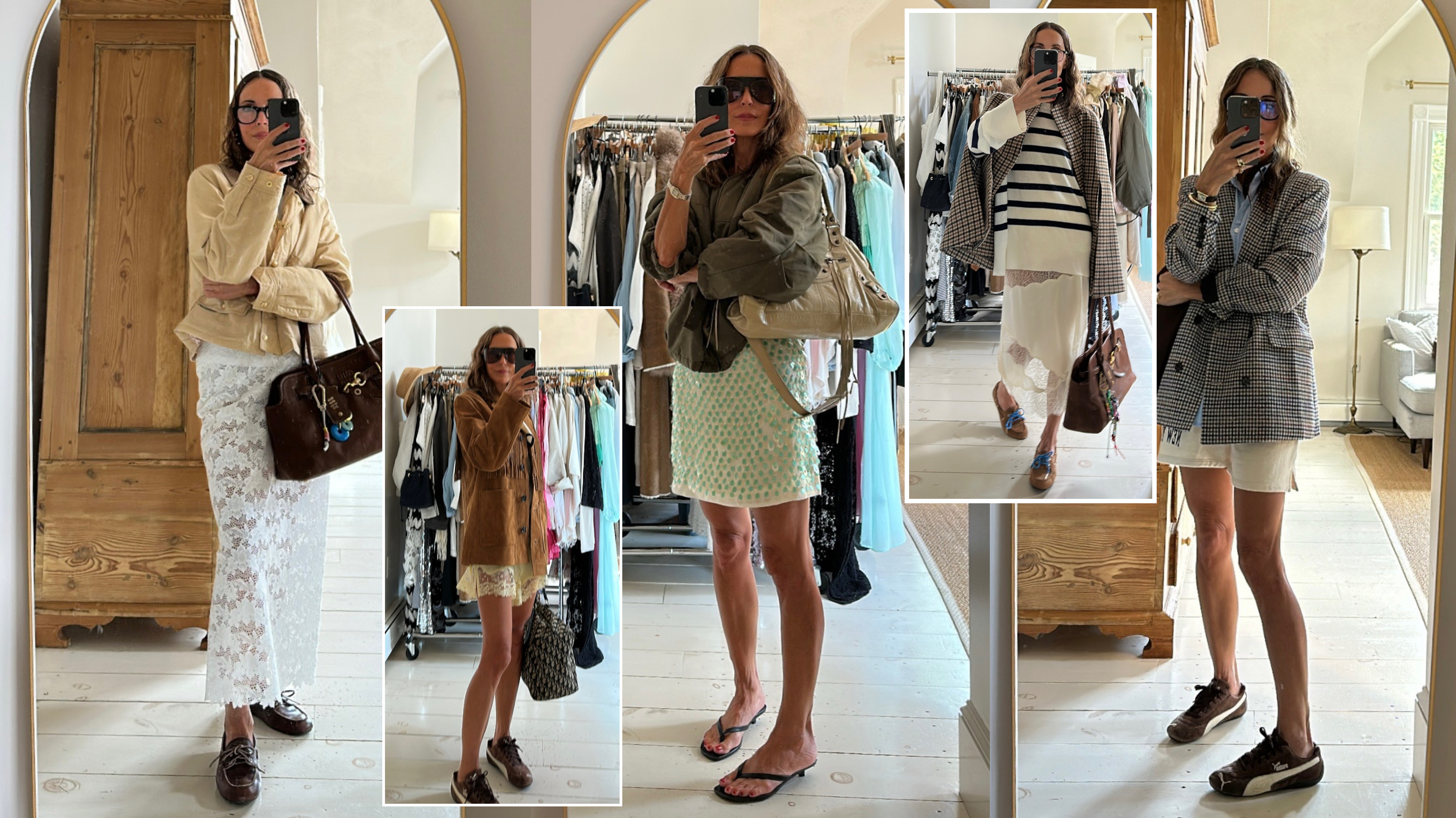 A collage of outfit pics from Larissa Mills wearing trendy shoes and glasses