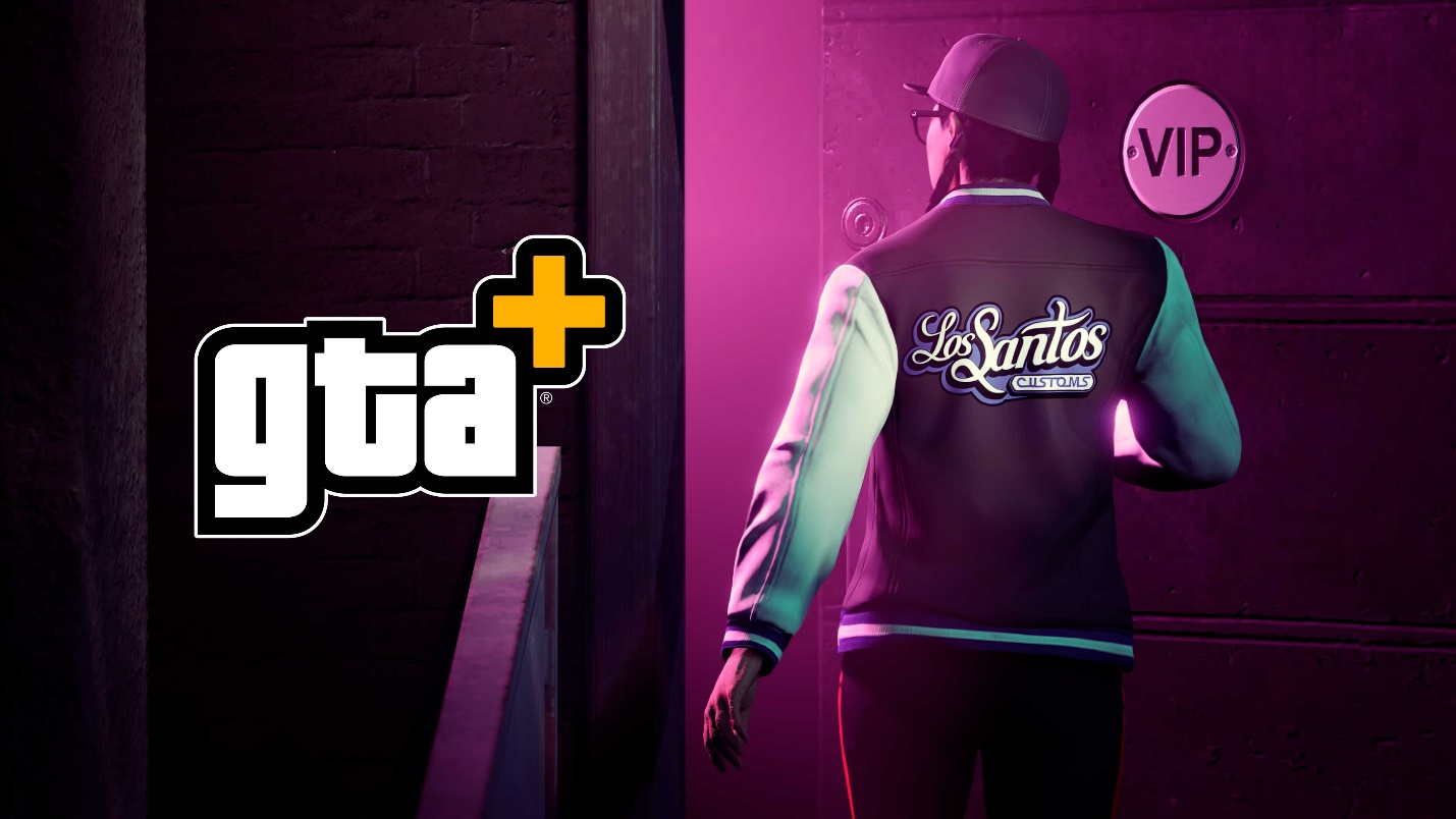 A promo banner for GTA+ showing a man walking into a club
